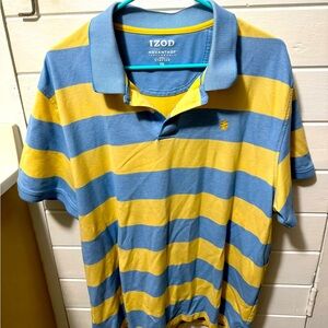 Men’s Izod Polo Shirt. Blue and yellow wide stripes. Worn but in good condition.